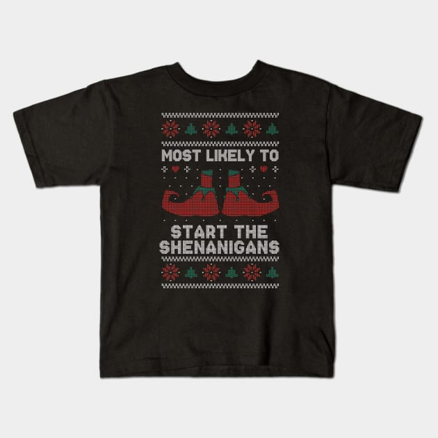 Most Likely to Start the Shenanigans // Funny Ugly Christmas Sweater Kids T-Shirt by SLAG_Creative